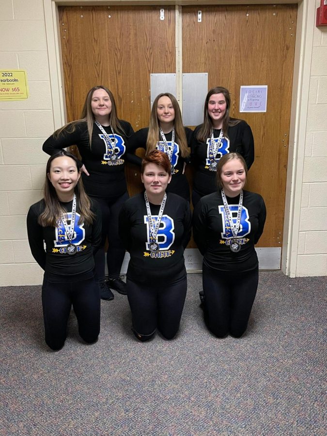On+February+12th%2C+2022%2C+the+BMU+Cheerleaders+placed+5th+at+the+VCCA+Competition+at+Mill+River+High+School.+Pictured+L+to+R.+Back+row%3A+Sarah+Frey%2C+Rachel+Frey%2C+and+Dawntae+Gelsleichter.+Front+row%3A+Coco+Huang%2C+Oliver+Despins%2C+and+Kenzie+Carle.+Not+shown%3A+Coach+Amber+Carle.