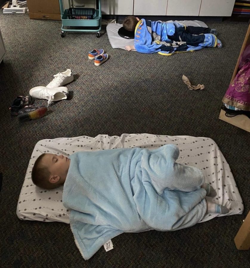 BMU pre-schooler Jaxson Smith naps in the foreground while his friend, Boden Murray, is sound asleep nearby. Nap time is new to the BMU preschool, as they just moved to full-day programing this year.