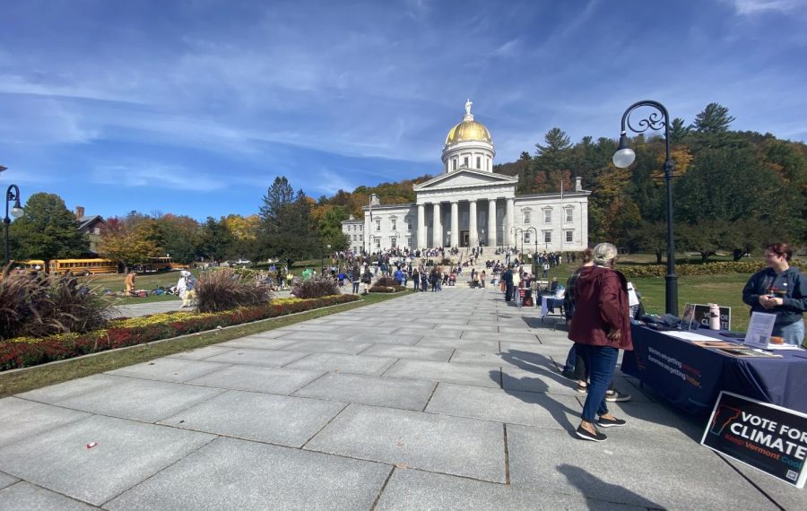 The attendees of The Day of Equity gather around the Vermont State Capitol building.