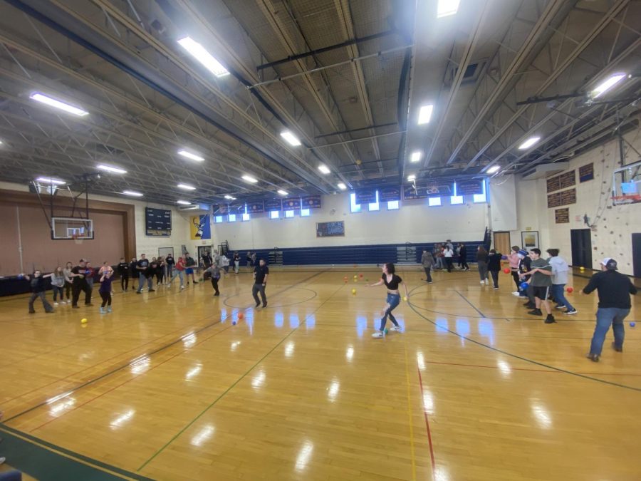 Blue Mountain students in grades 7 through 12, take part in a school dodge ball match the day before Thanksgiving break.