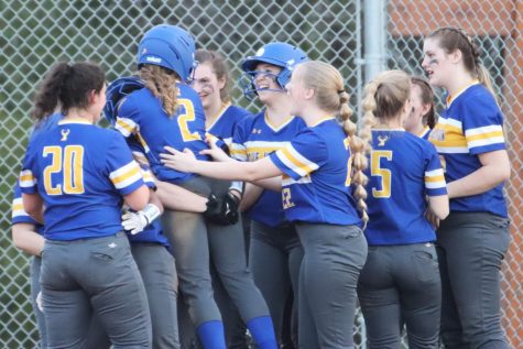 The Bucks celebrate at the plate as Maya Cristy scores the winning run on Thursday April 13th, 2023.
