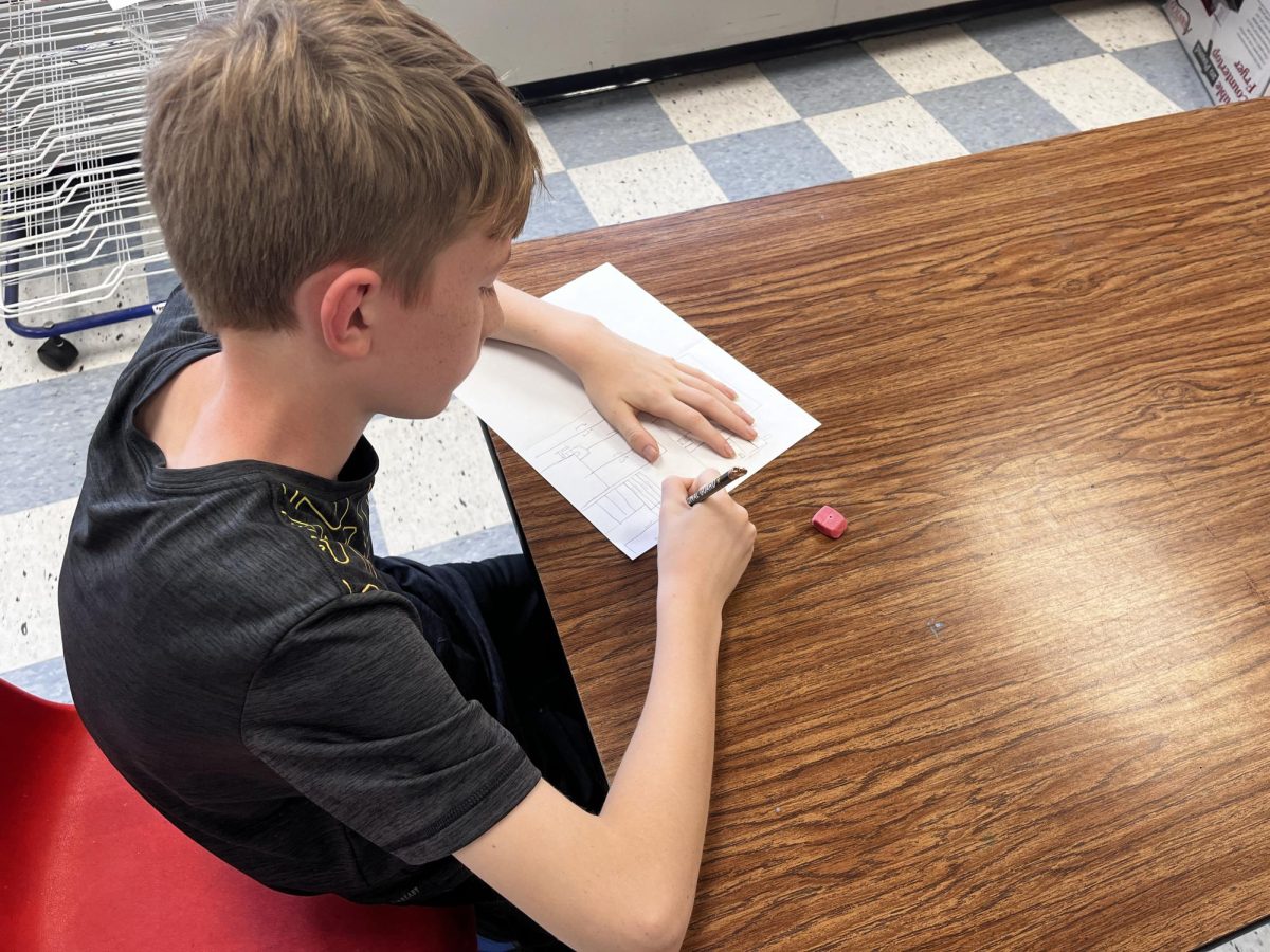 Fifth grader at BMU, Lucas Winchester is seen working on perspective drawing in art class on Monday September 11th, 2023. Students are timed and tasked with moving around the room drawing what they see in the classroom.
