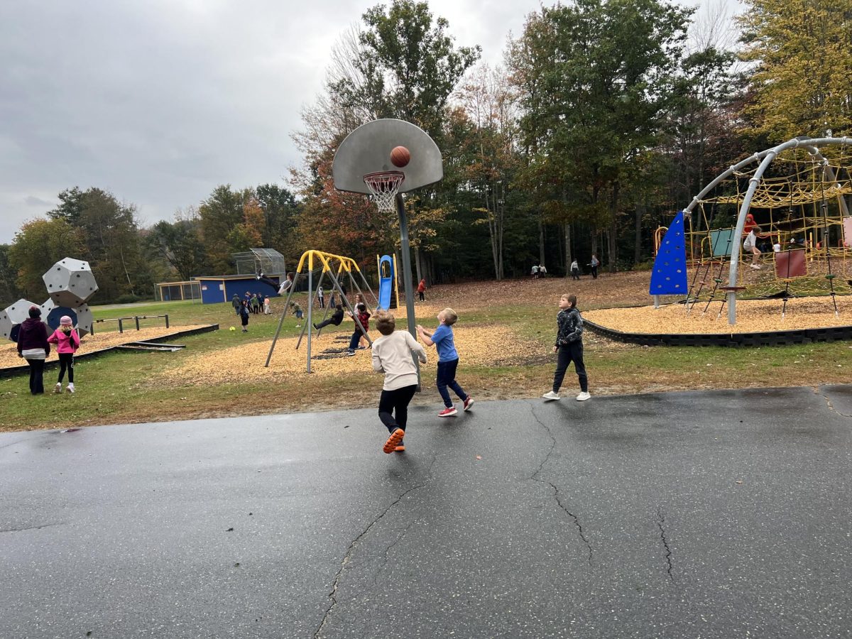 BMU 3rd graders Matthew Burns, Caleb Dailey and Mason Gandin (left to right) are seen playing a game of basketball during recess on October 11, 2023. These boys are excited now that basketball season is approaching. 