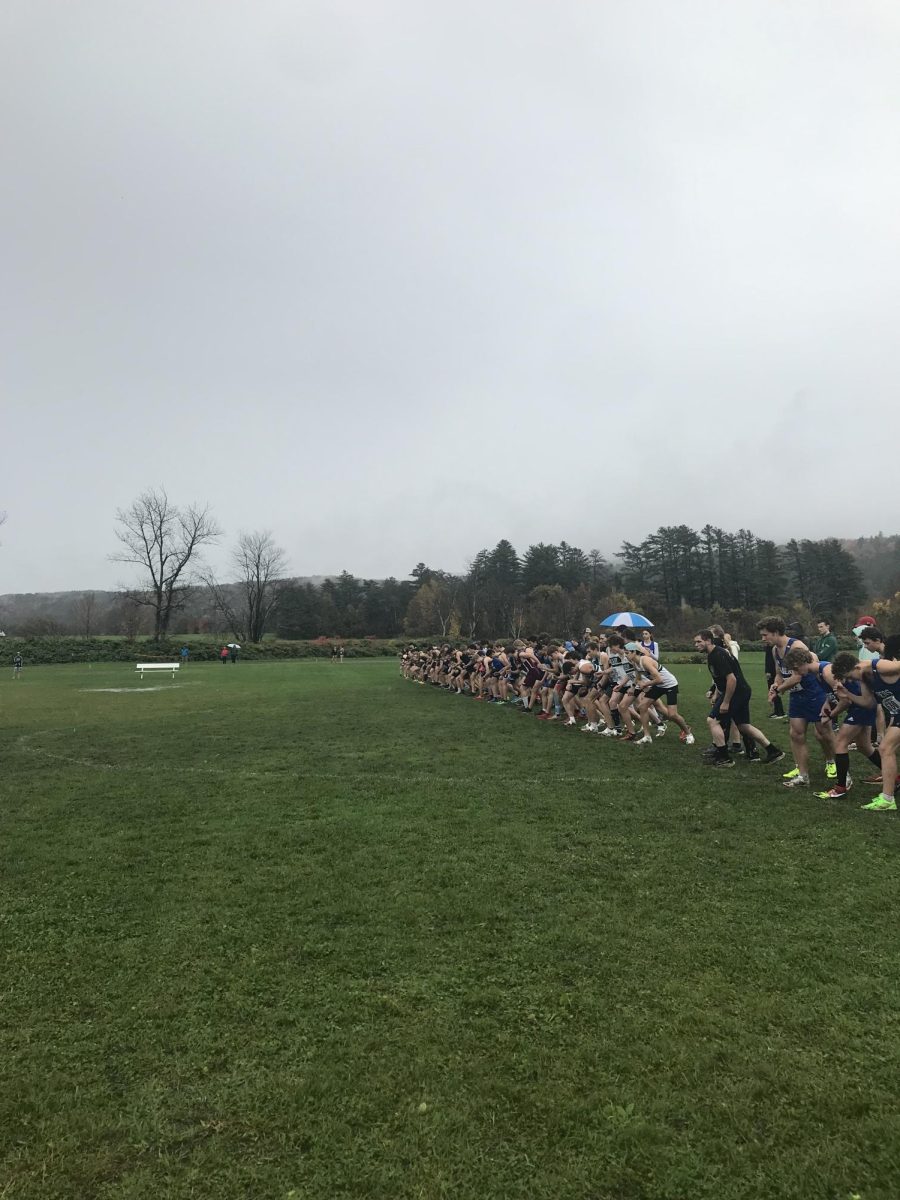 High school varsity boys from numerous schools line up before their 5k race at the NVAC Championships.  October 21, 2023.