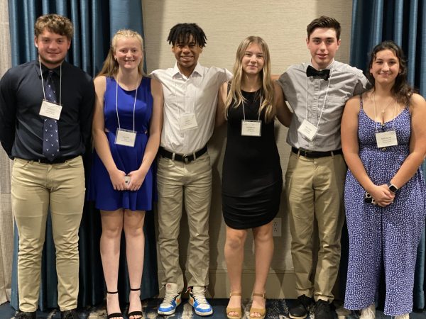 Six Blue Mountain student athletes pose for a photo at the 2023 VPA/VSADA Athletic Leadership Conference. The six athletes are (L to R) Brody Kingsbury, Lily Roy, Jamal Saibou, Kennedy Perrigo, Will Emerson, and Madalyn Houghton. 