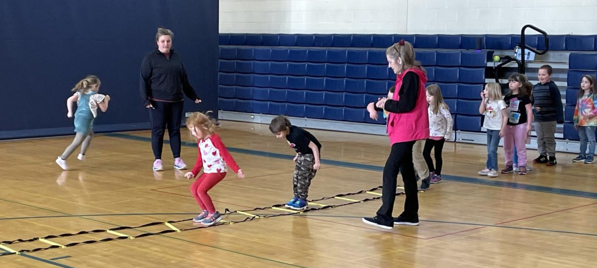 The BMU Kindergarten class is working on their skills on the agility ladder during PE on Monday, Feb 5, 2024.
