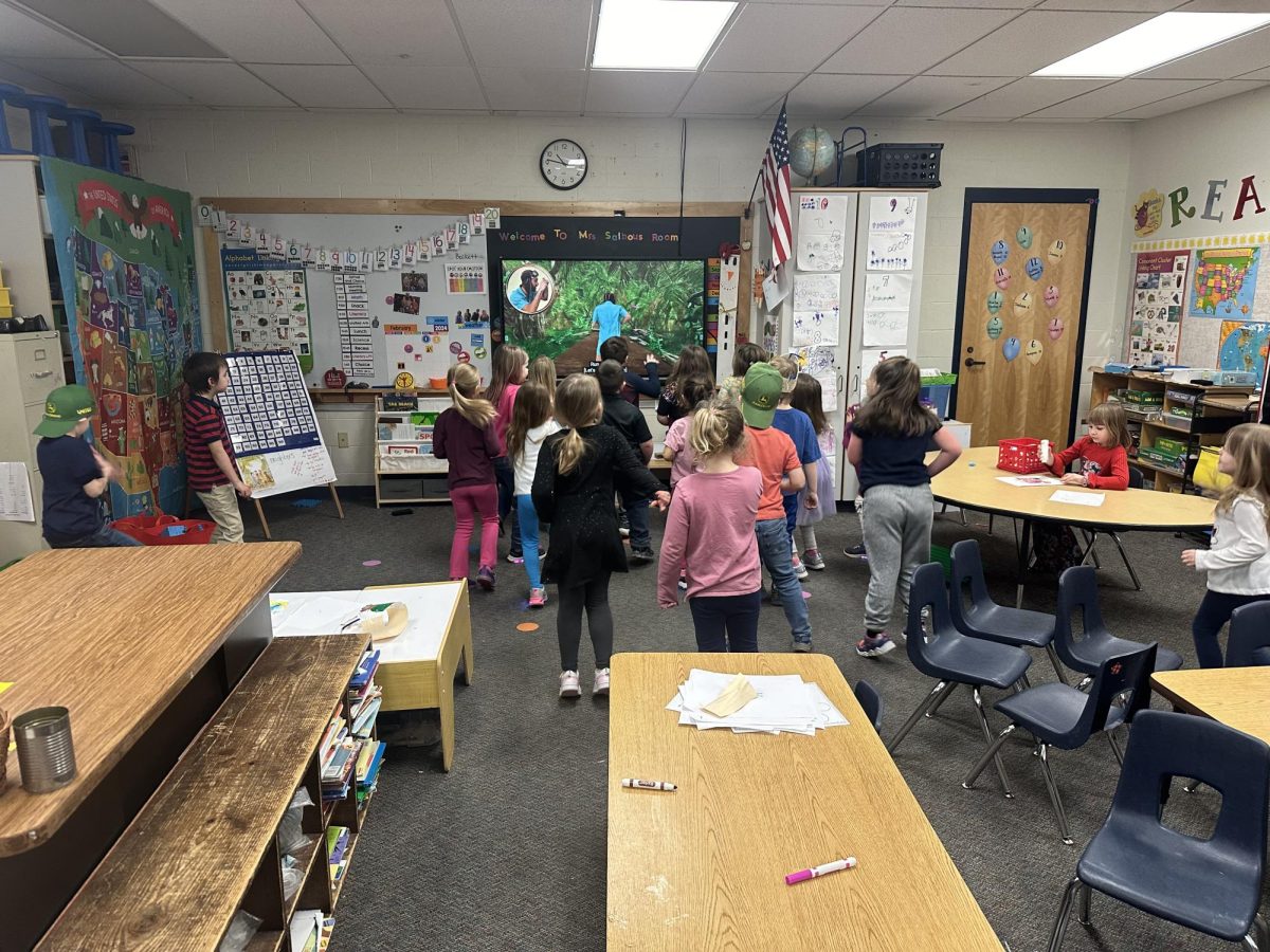 Kindergarten gets ready for PE class by having a little bit of fun dancing to music on Friday, Feb 2, 2024. The BMU Kindergarten does this every day before specials.