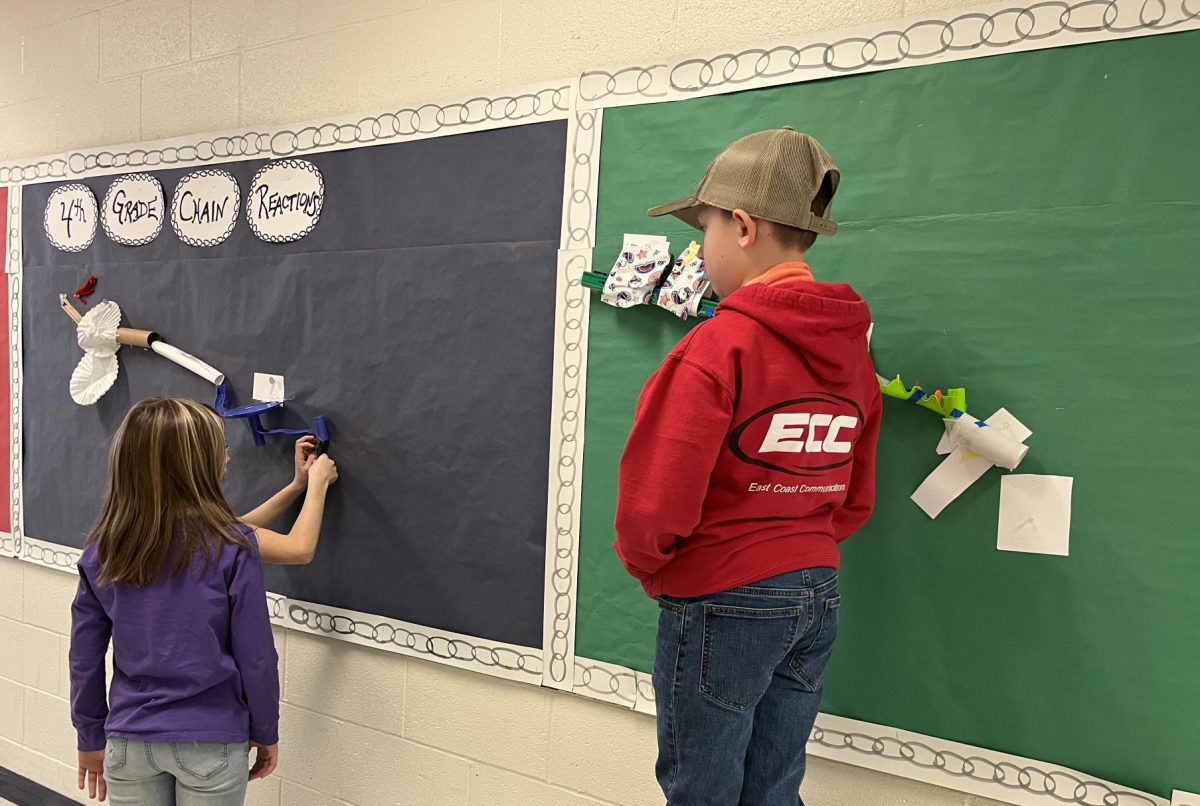 BMU fourth-graders work on their chain reaction bulletin boards for science class on Thursday, February 22, 2024 in the elementary hallway at BMU.