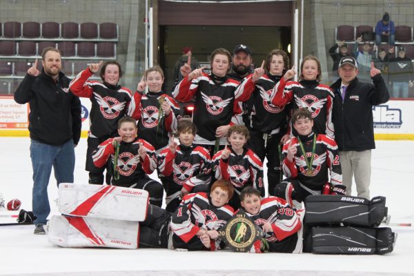 Lyndon Area Youth Hockey Association (LAYHA) posing for a picture after winning the 12U championship at Kreitzberg Arena on March 3rd. LAYHA will be playing in the 12U regional tournament on March 23rd through the 24th at The Ice Center in Waterbury, VT.