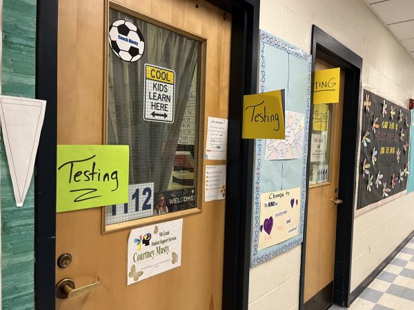 Blue Mountain middle school students, fifth to eighth grade, started state testing on April 10, 2024. Signs are posted outside the classrooms in the middle school hallway to remind others to be quiet.