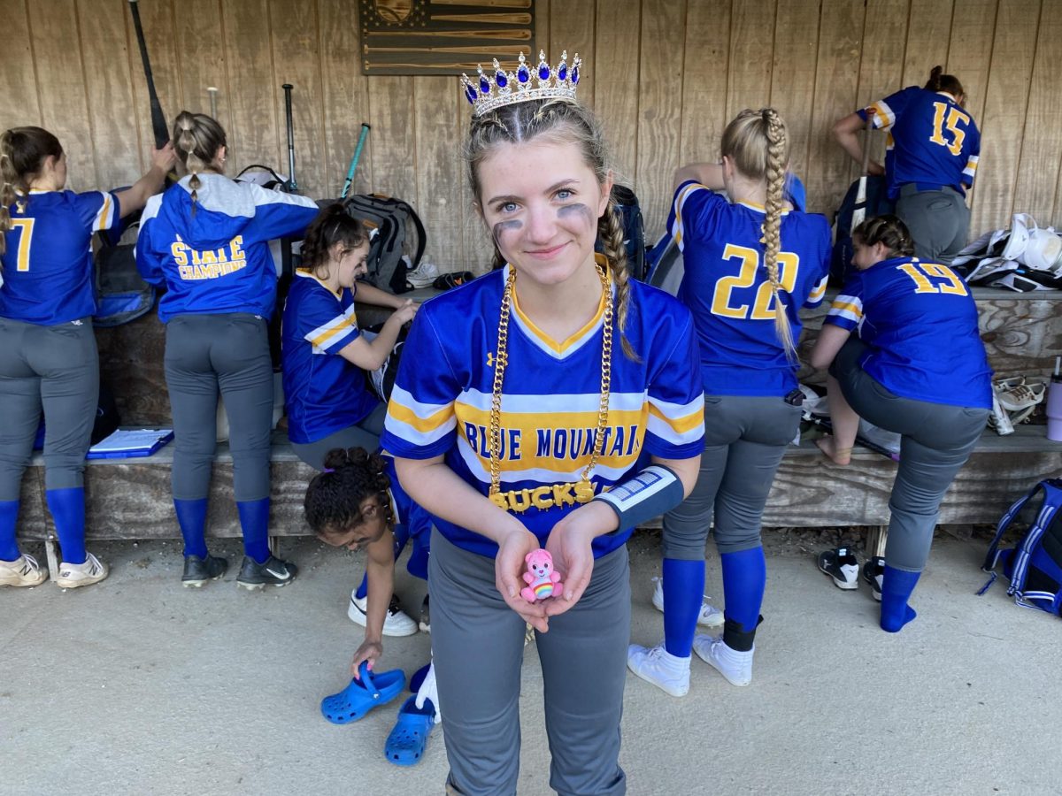 BMU Freshman Addison Murray poses in the varsity softballs home run attire, after hitting a home run on Tuesday April 16 in Wells River VT. 