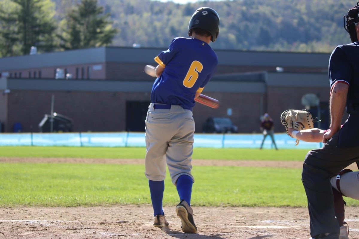 Senior, Keegon Frigon batting against the Richford Falcons at the Ron Brown Athletic Field on May 17th. Frigon goes three for three from the plate this game.