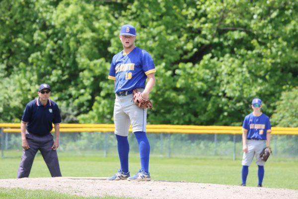 Blue Mountain senior Cameron Roy pitching at the Blue Mountain vs. Richford game Saturday, May 25th in Richford, VT.