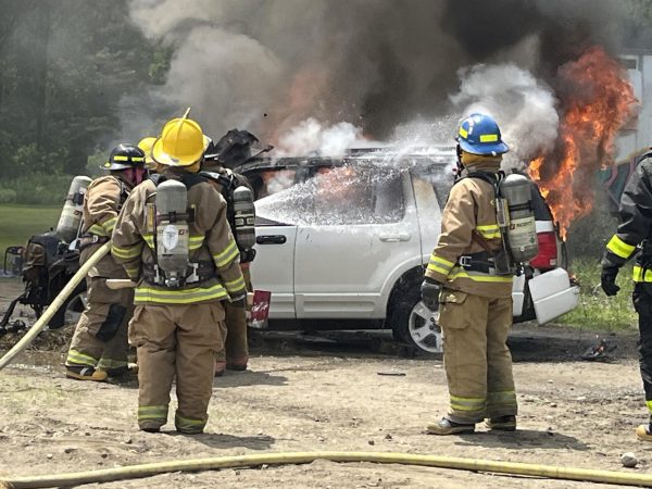  On May 30, 2024 at River Bend Career and Technical School in Bradford a car burn was started. River Bend Emergency Services and Fire Management class works with local fire departments to put out the car fire.