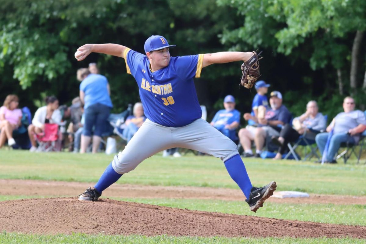 On Friday, June 7th, Jacob Roberts delivers a pitch on the Jerry Piper Athletic Field in the first inning to Stratton Mountain. The Bucks would go on to win 22-2.