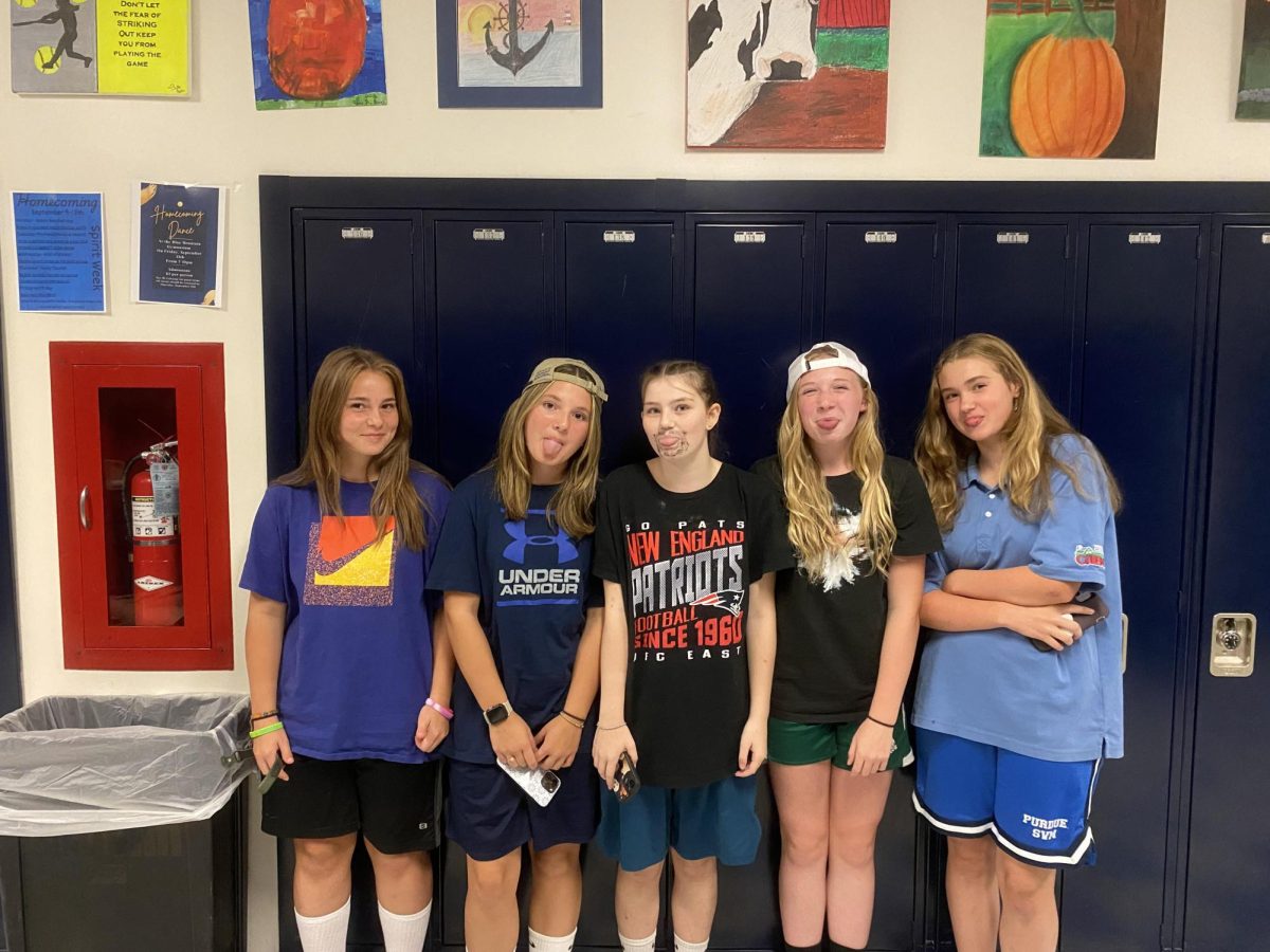 Blue Mountain Union high school freshmen (left to right) Oliva Manchester, Handley Gandin, Camryn Smith, Natalie Burroughs, Bryn Nelson; Dressed up as Adam Sandler for Monday's theme: Adam Sandler Day.