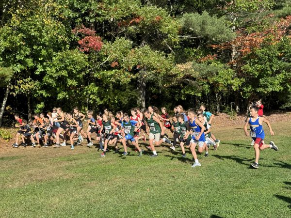 A group of middle school runners taking off behind the soccer field at the Ron Brown Athletic Field, BMU on October 1, 2024. The runners (left to right) are from Kingdom East, BMU, Barre City Elementary, Barre Town, and Webster Christian Academy. 