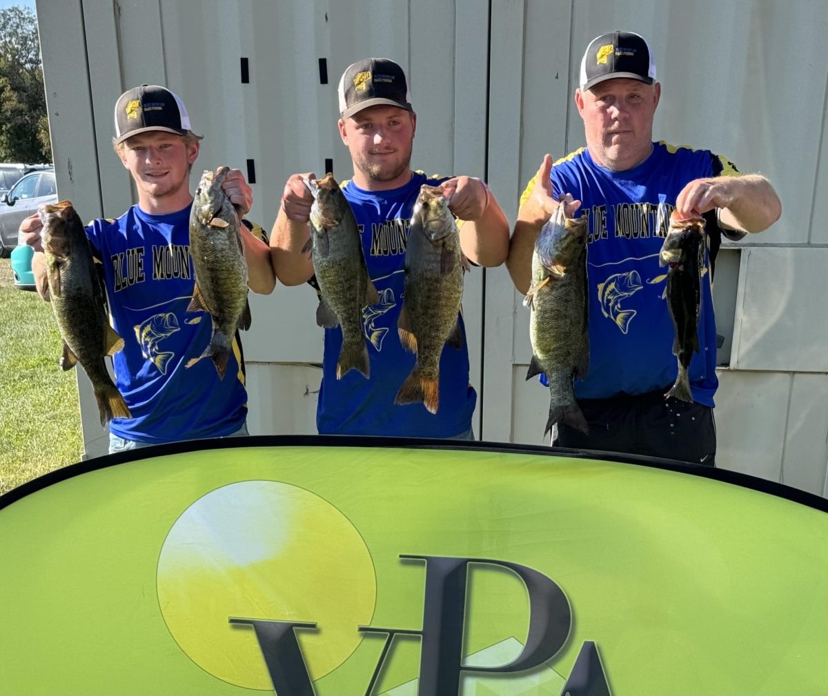 Kason Blood (Left), Brody Kingsbury (Middle) and Coach Will Kingsbury (Right) proudly display their catches in the 2024 VPA Tournament on October 5 2024. 20.1 pounds places them 4th amongst 19 varsity boats.