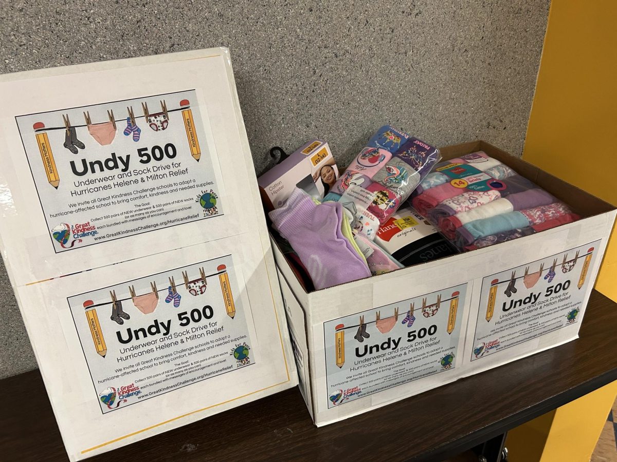 The donation box for Undy 500 is sitting in front of the front office of BMU on a bench on October 21, 2024. Undy 500 is looking for donations of socks and underwear for hurricane affected students.