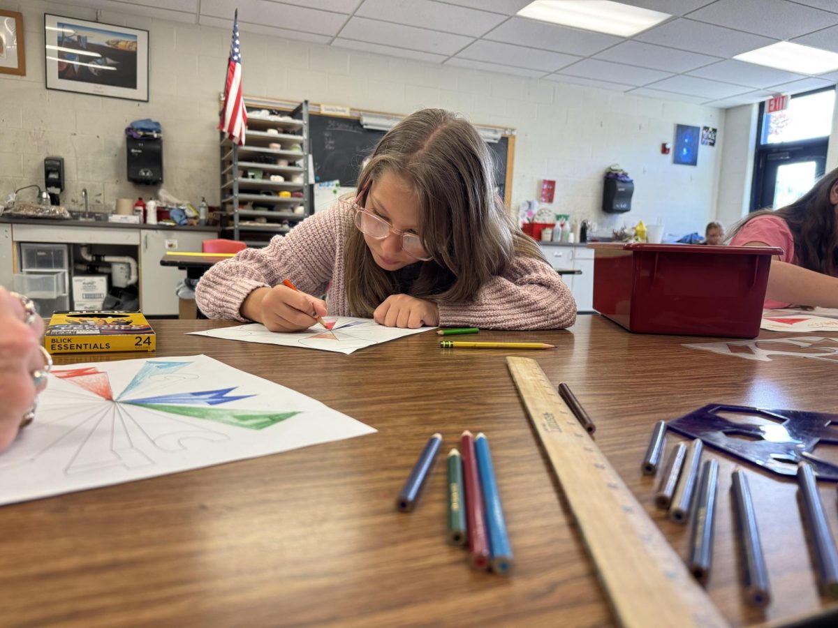  Abi Bachie, BMU 4th grade student, works on her one-point perspective piece in art class. One point perspective is drawing something that looks like it gets smaller as it moves farther away, on October 2, 2024 in Wells River, Vermont. 