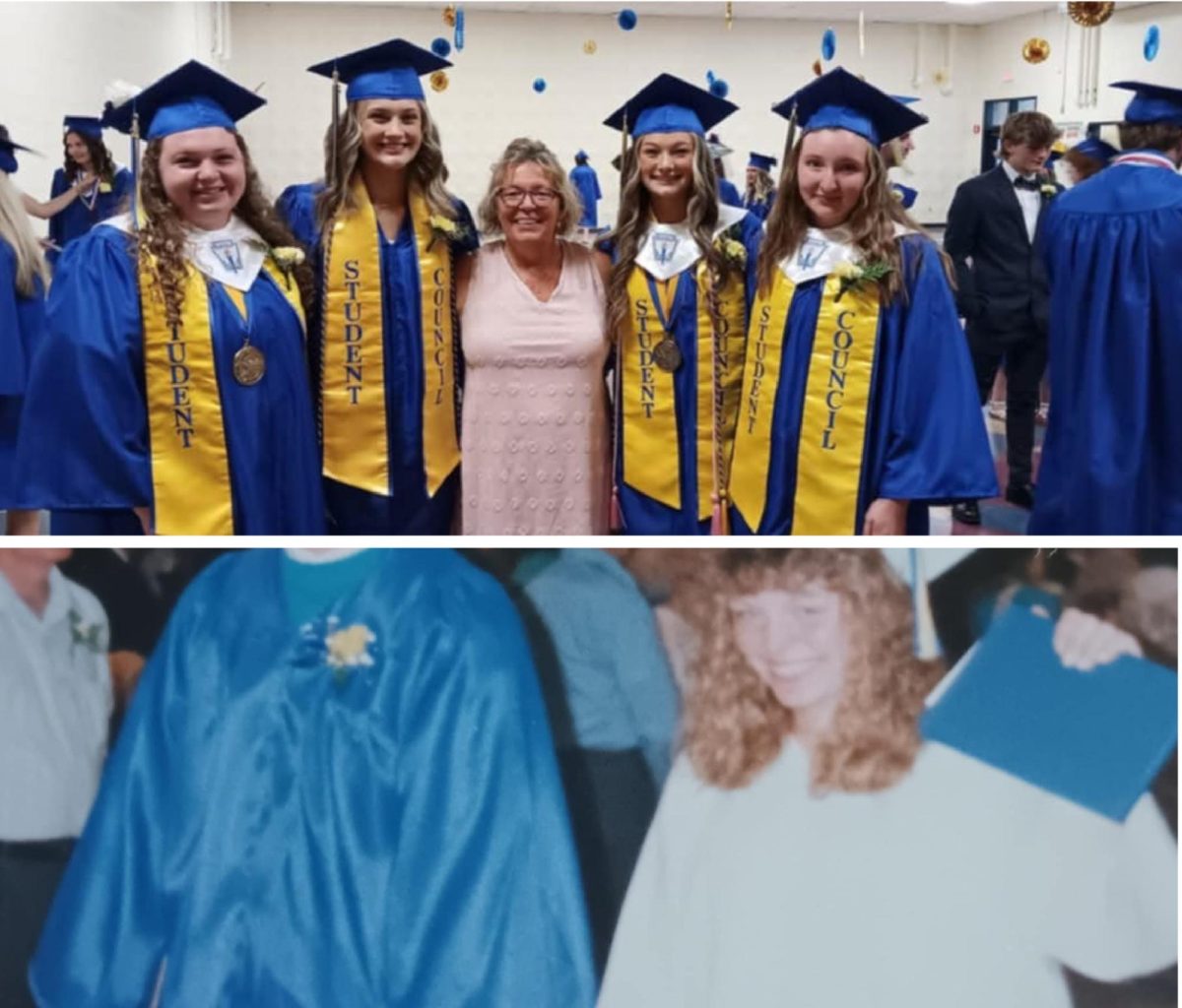 Top Photo: Michelle Kalnins posing with class of 2024 BMU seniors.

 Bottom Photo: Michelle Kalnins during her own senior year in 1991.