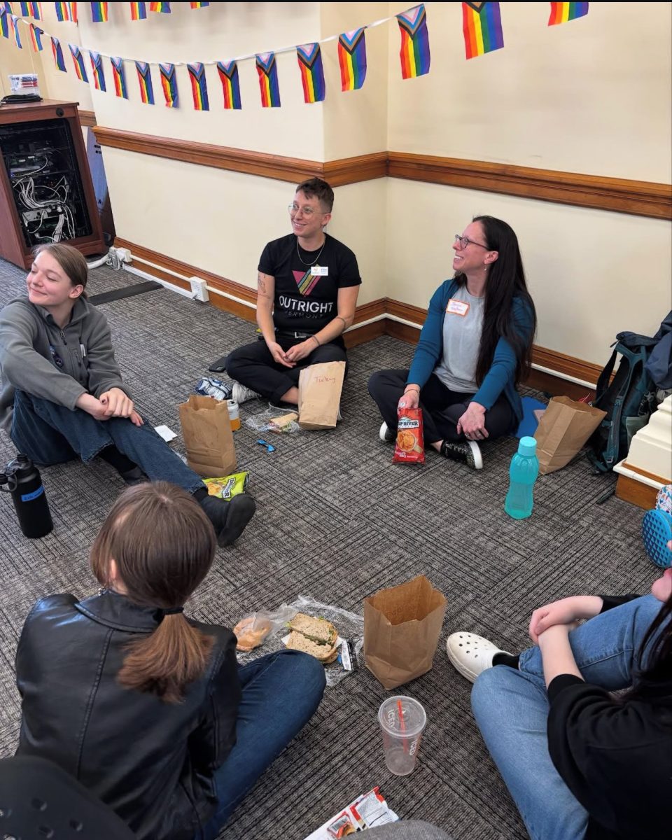 On March 20, 2025 GSA club members sit with Outright Vermont Education and Leadership coordinator for lunch. 