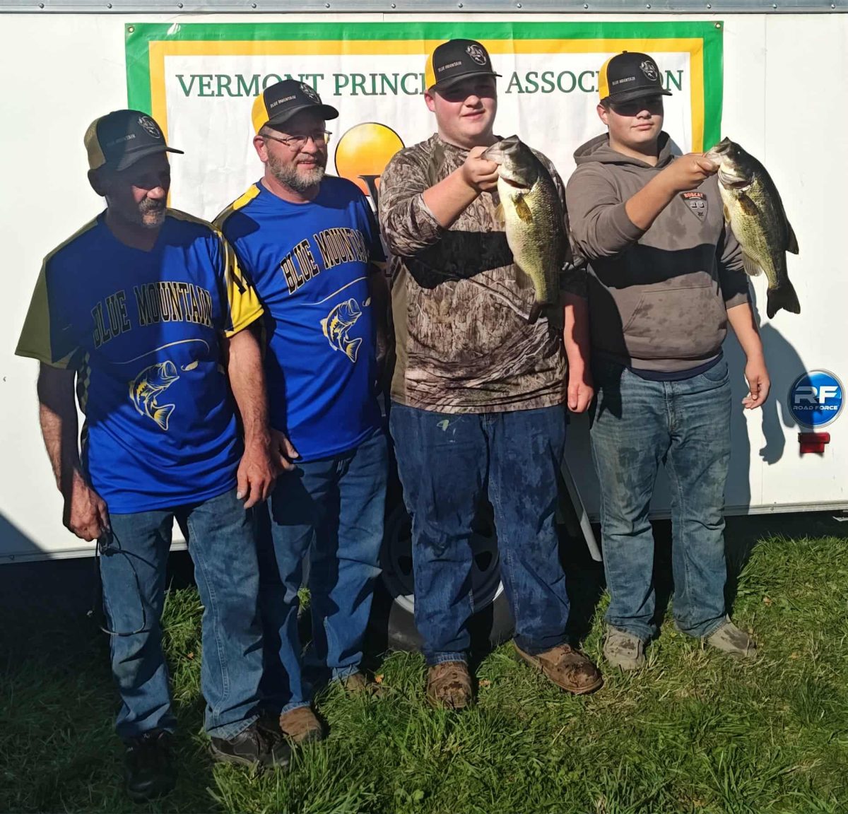 BMU Bass Fishing coaches Larry Hatch and Clayton Hatch stand proudly next to Myles Wollheb and Curtis Mackay, as they hold their two biggest fish of the day. The team caught nearly 20 in the day, weighing in 6 and capturing 5th place.