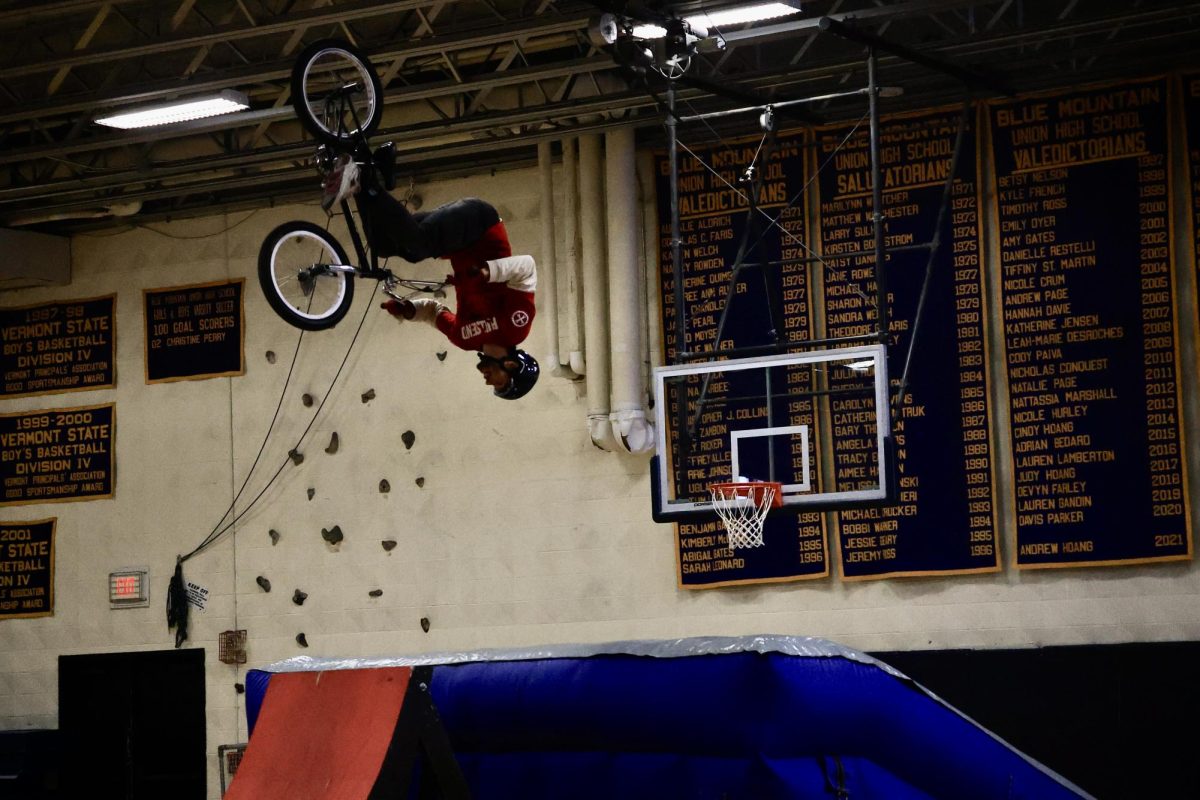 BMX professional Nick performs a trick in the Dr. Harry M.Rowe Gymnasium on Friday, May 1st, 2026. Students enjoyed the hour long performance.